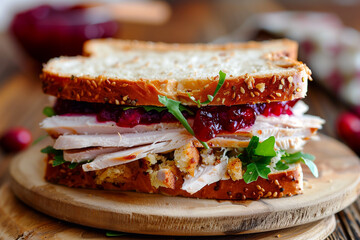 Turkey sandwich with stuffing and cranberry sauce. Freshly made from Thanksgiving or Christmas turkey leftovers on crusty wholemeal bread.
