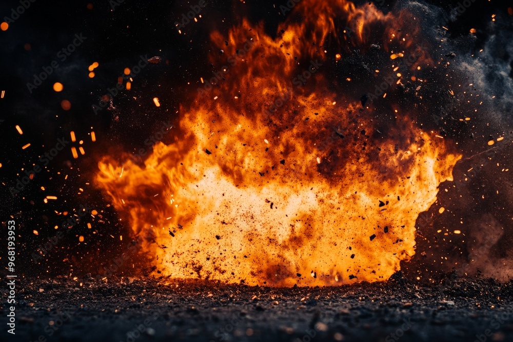Aufkleber An intense explosion captured at its peak with vibrant flames and debris flying in different directions, creating a dynamic and chaotic scene full of energy and power.
