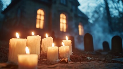 Mysterious scene with glowing candles in front of a haunted house, shrouded in mist, creating an eerie and atmospheric setting.