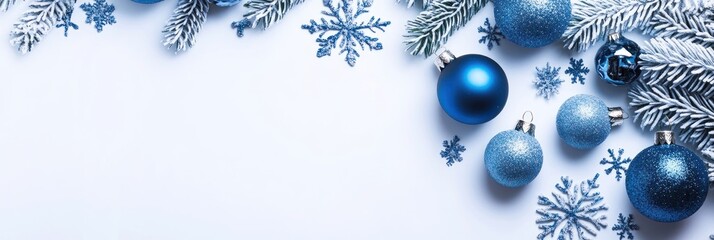 Blue Christmas Ornaments and Snowflakes on a White Background