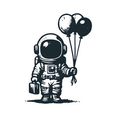 Cute astronaut hold a balloon. Black white vector. Icon and logo illustration.