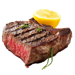 Grilled steak with lemon and herbs for dinner, transparent