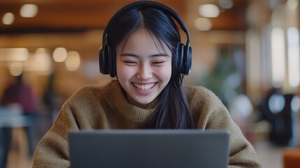 A smiling Hispanic Asian student wearing headphones chats online with a laptop in a university or virtual office.