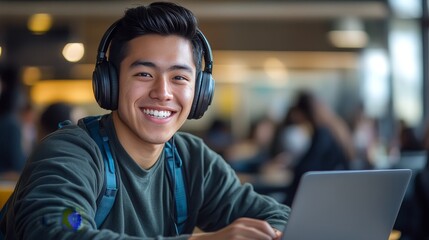 A smiling Hispanic Asian student wearing headphones chats online with a laptop in a university or virtual office.