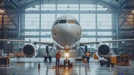 Commercial airplane maintenance in an aircraft hangar with technicians and tools at work