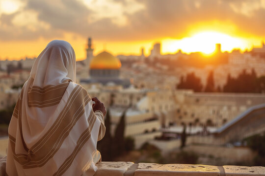 Jewish man in tallit at Yom Kippur. Rosh Hashanah.