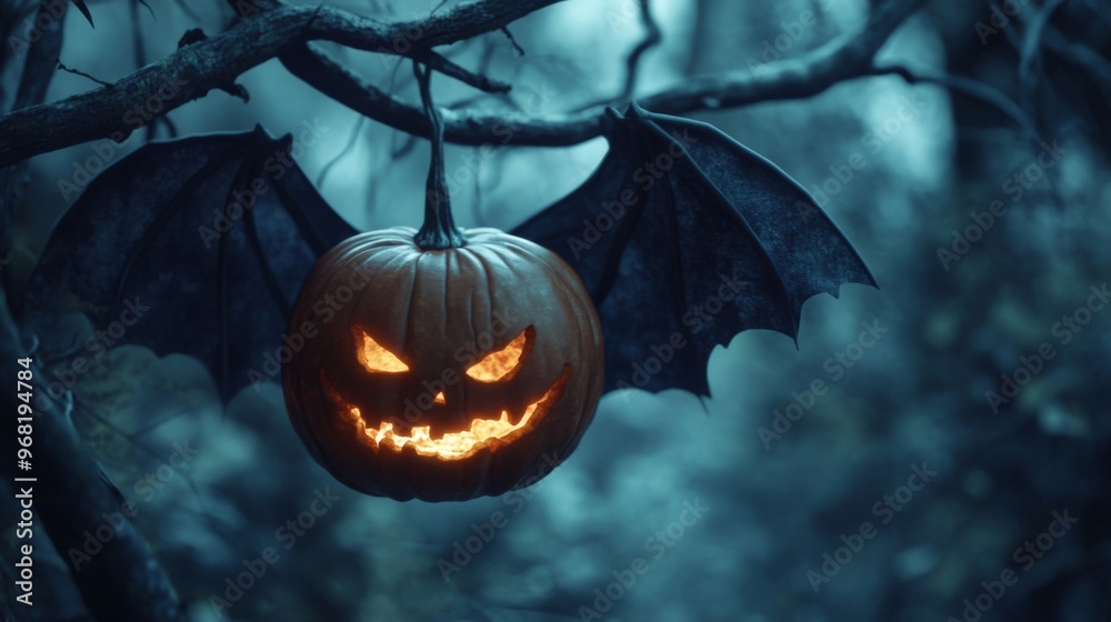 Canvas Prints a jack-o'-lantern with bat wings hanging from a tree branch in a foggy forest