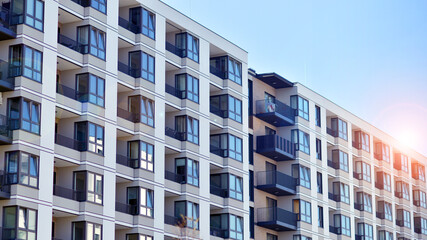  Modern architecture of urban residential apartment building. Apartment building exterior, residential house facade.