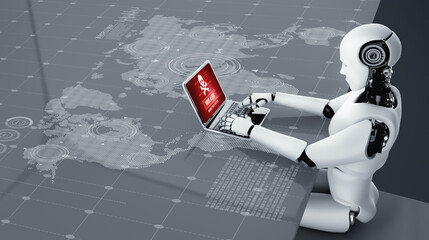 Robot humanoid use laptop and sit at table for global network connection using AI thinking brain , artificial intelligence and machine learning process for 4th industrial revolution . 3D illustration.