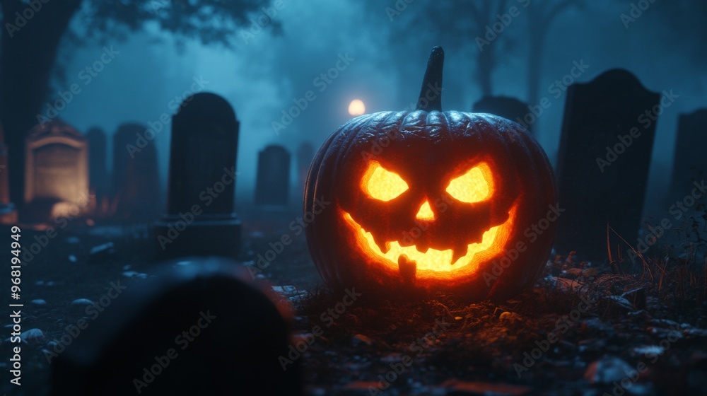 Wall mural Luminous Jack-o'-Lantern in a Foggy Graveyard