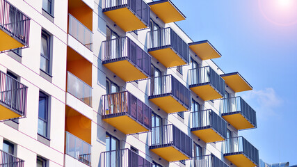  Modern architecture of urban residential apartment building. Apartment building exterior,...