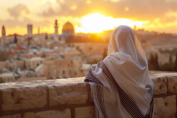 Jewish man in tallit at Yom Kippur. Rosh Hashanah.