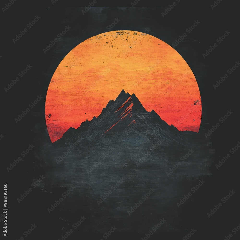 Wall mural A stylized mountain silhouette against a vibrant sunset backdrop.