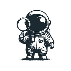 Cute astronaut holding magnifying glass. Black white vector. Icon and logo illustration.