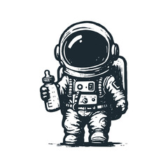 Cute astronaut hold a milk bottle. Black white vector icon and logo illustration.