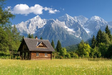 A picturesque rustic cabin is set in a vast meadow filled with wildflowers, facing a dramatic range of snow-capped mountains, creating an idyllic and serene rural scene.