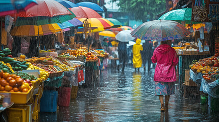 Obraz premium Vibrant Outdoor Market In The Rain With Shoppers And Bright Umbrellas