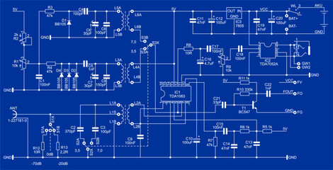Technical schematic diagram of electronic device.
Vector drawing electrical circuit with 
coil, capacitor, resistor, integrated circuit,
diode, transistor, antenna, other electronic components.