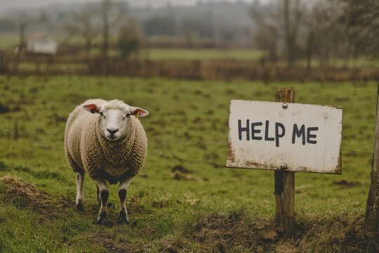 A sheep is seen in a lush green pasture standing beside a white sign with 'Help Me' written on it, conveying a sense of urgency or distress in a peaceful setting.