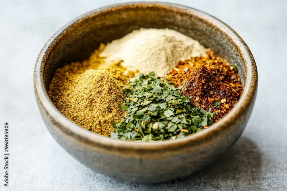 Poster a close-up shot of a bowl containing different colorful spices, each powdered and arranged in a visu