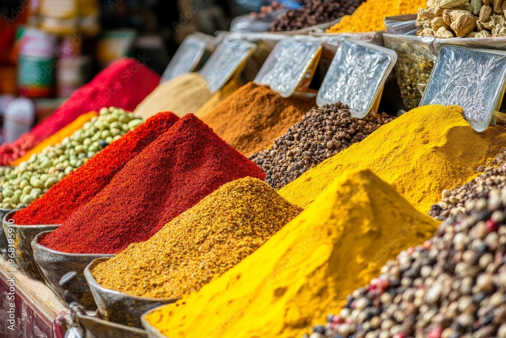 Poster A vibrant market scene with stalls displaying a variety of colorful spices in different containers, showcasing an array of flavors and cultural culinary elements.