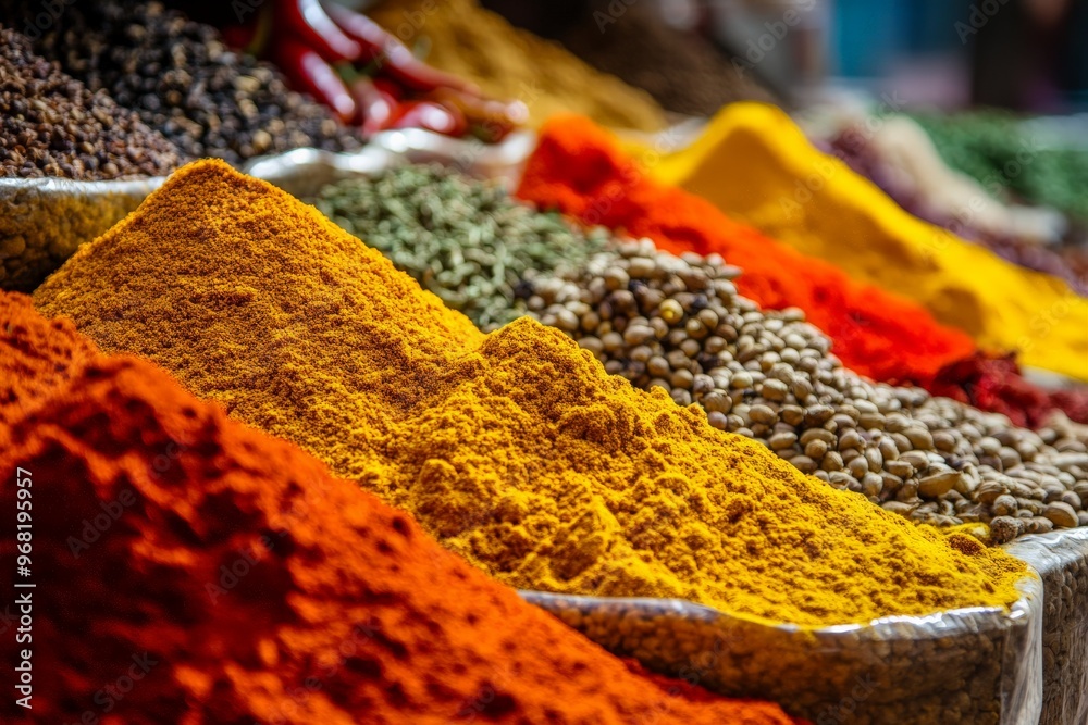Poster A dynamic image featuring stacks of colorful spices meticulously arranged in an open market, showcasing the vibrant and diverse range of flavors essential in culinary arts.