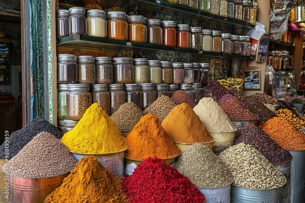 Poster An image depicting a spice shop with a wide range of colorful spices displayed in jars on shelves, highlighting the diversity and richness in culinary ingredients.