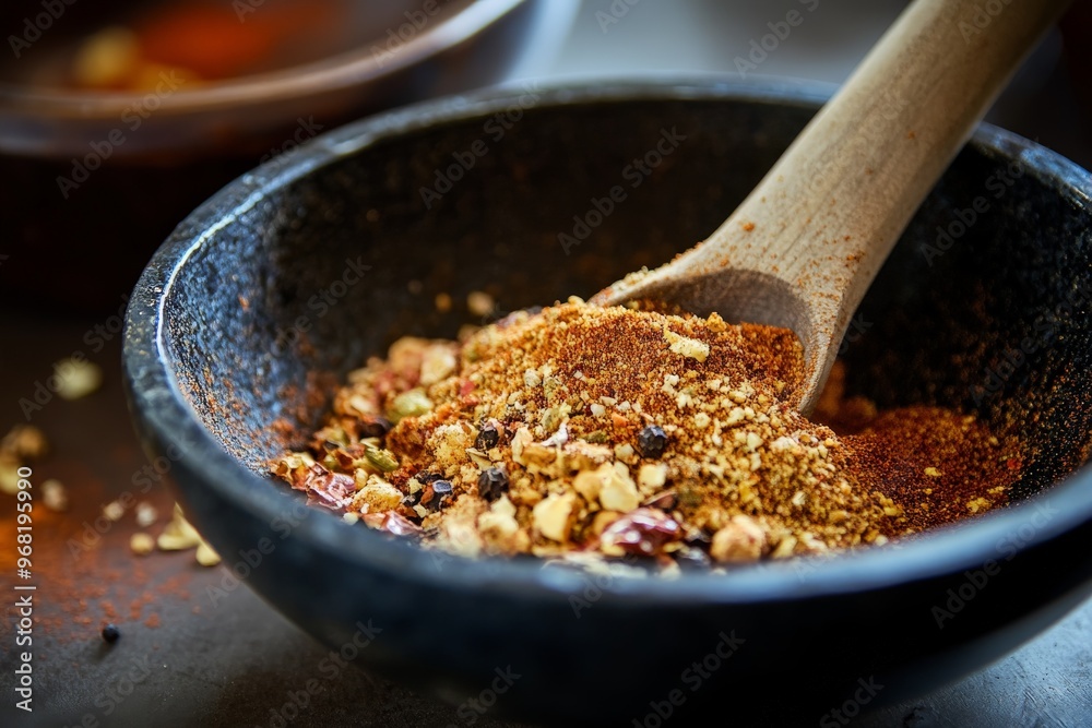 Poster An artistic image showing a wooden spoon containing a mix of colorful spices in a black bowl, highlighting the simplicity and elegance in culinary ingredient presentation.