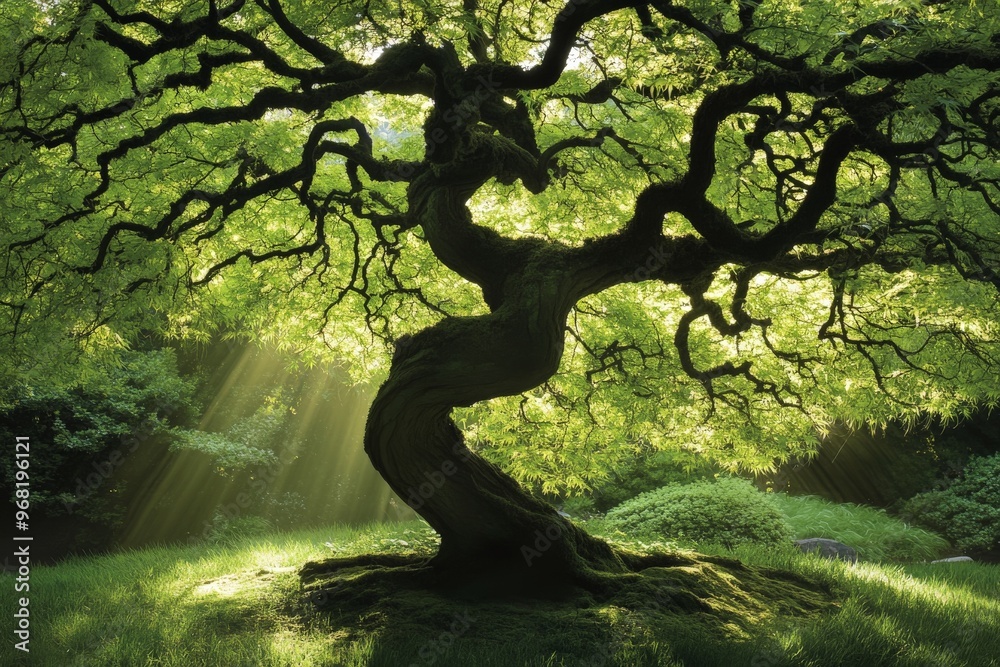 Poster Sunrays filter beautifully through the branches of a magnificent tree, illuminating the lush green surroundings and providing a serene atmosphere filled with calm and tranquility.