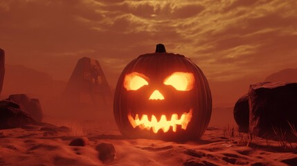 Fototapeta premium Glowing Jack-o'-lantern in a Martian-Like Landscape