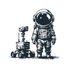 Cute astronaut with robot. Black white vector icon and logo illustration.