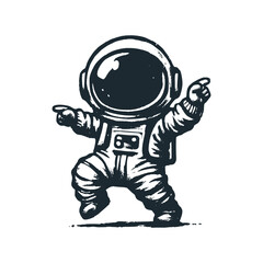 Cute astronaut jumping happily. Black white vector icon and logo illustration. © Maryoto