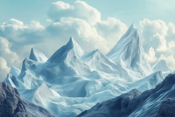 Obraz premium A dreamy winter wonderland featuring surreal ice mountains illuminated by soft sunlight at dawn