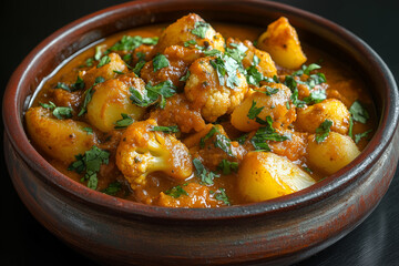 Delicious Aloo Gobi served in a traditional clay bowl, showcasing vibrant spices and fresh herbs for a delightful Indian dining experience