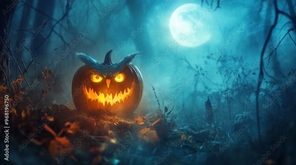 Canvas Prints glowing owl pumpkin in a mystical forest