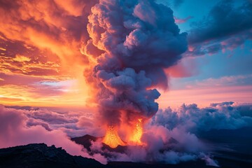 Fototapeta premium A breathtaking image capturing a volcano erupting with vibrant lava flows and massive smoke plumes under a colorful sky, highlighting the raw beauty and power of Mother Earth.