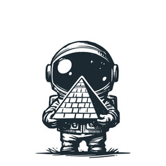 Cute astronaut hold a pyramide. Black white vector icon and logo illustration.