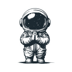 Cute astronaut kneel down to pray. Black white vector. Icon and logo illustration.