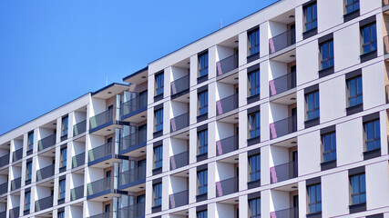  Modern architecture of urban residential apartment building. Apartment building exterior, residential house facade.
