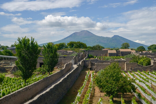 Ancient Pompeii ruins with Vesuvius in the background