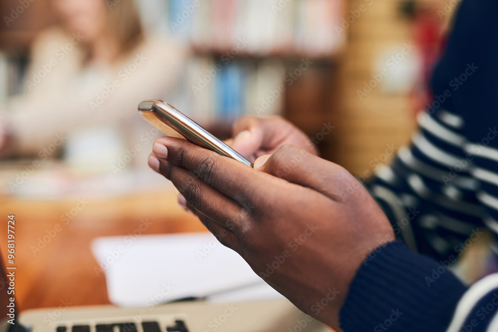 Aufkleber phone, library and hands of man with laptop at university for education, communication or online cha