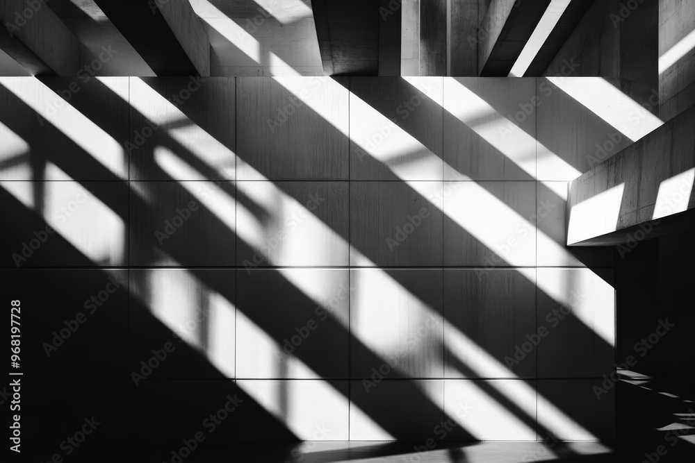 Aufkleber The image captures dramatic shadows cast by architectural elements in a corridor, creating a striking interplay of light and shadow in a minimalist, modern design setting.