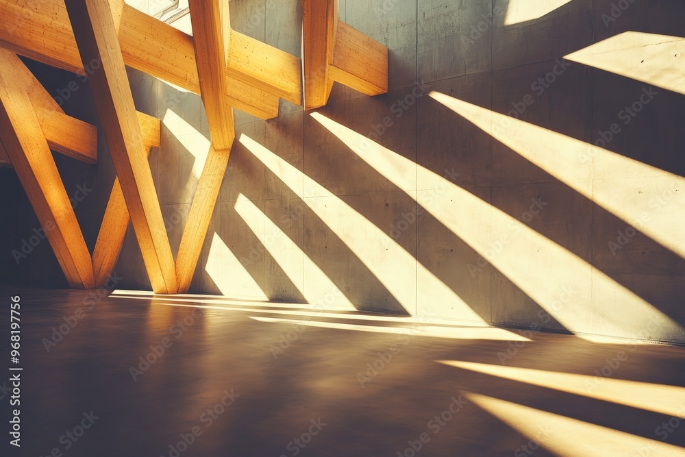 Aufkleber sunlight creates dynamic patterns as it passes through wooden beams inside a spacious room, showcasi