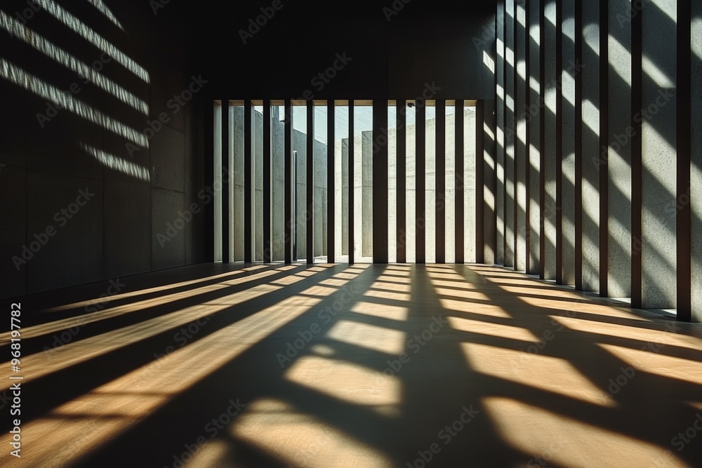 Aufkleber The sunlight streaming through vertical slats creates captivating patterns on the floor within a minimalist architectural space, emphasizing strong lines and light-shadow contrast.