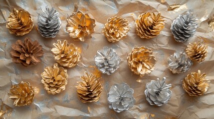 holiday pine cone decor, shiny gold and silver painted pine cones on textured paper create a glamorous touch to holiday decor