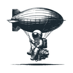 Cute astronaut with zeppelin balloon. Black white vector. Icon and logo illustration. © Maryoto