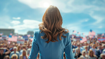 Female American Presidential candidate speaking to a crowd at a political rally / Woman for President