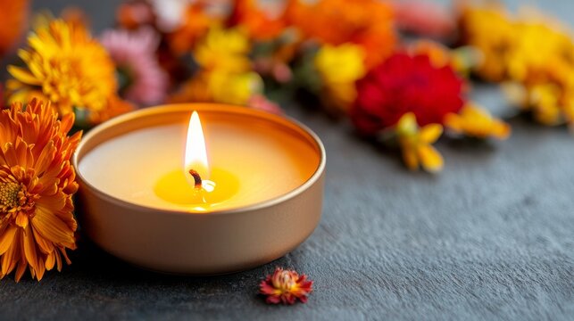 Single candle glowing softly in a dark room, with marigolds and chrysanthemums. A peaceful ambiance with a single candle's orange flame and warm, autumnal decor.