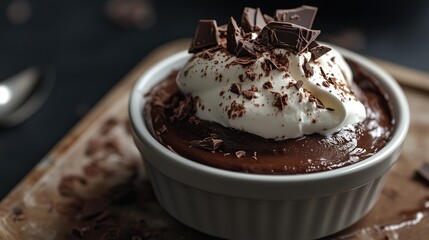 Indulgent dark chocolate dessert with creamy whipped topping