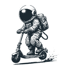 Cute astronaut playing scooter moped . Black white vector. Icon and logo illustration. © Maryoto